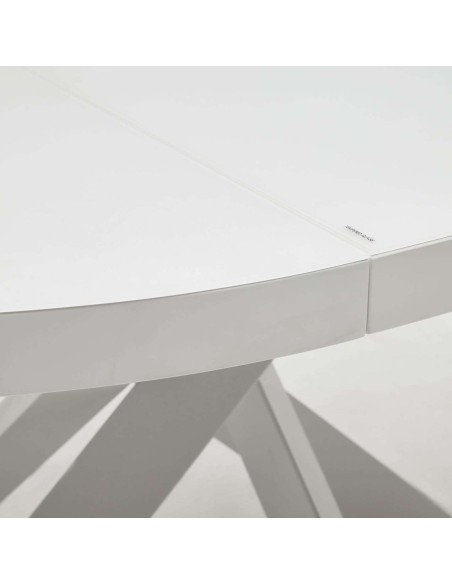 Mesa extensible redonda VASHTI Ø120(160)x120cm cristal, MDF/acero blanco - Kave Home