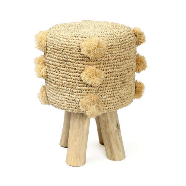 Taburete Raffia Pom Pom 47cm Natural - Bazar Bizar