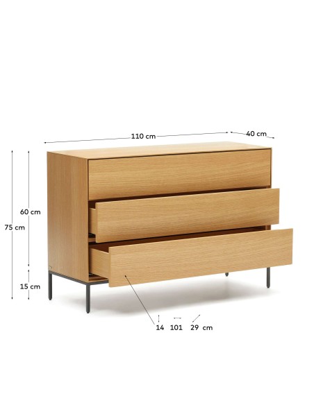 Cómoda Vedrana 3 cajones roble/acero negro 110 x 75 cm - Kave Home