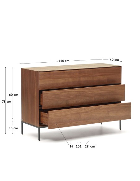 Cómoda Vedrana 3 cajones nogal/acero negro 110 x 75 cm - Kave Home