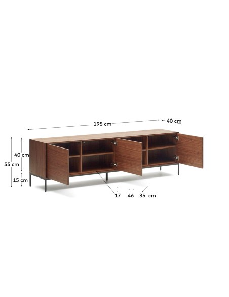 Mueble TV Vedrana 3 puertas de nogal y patas de acero negro 195x55cm 