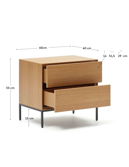 Mesita de noche Vedrana 2 cajones roble/acero negro 60x55cm- Kave Home