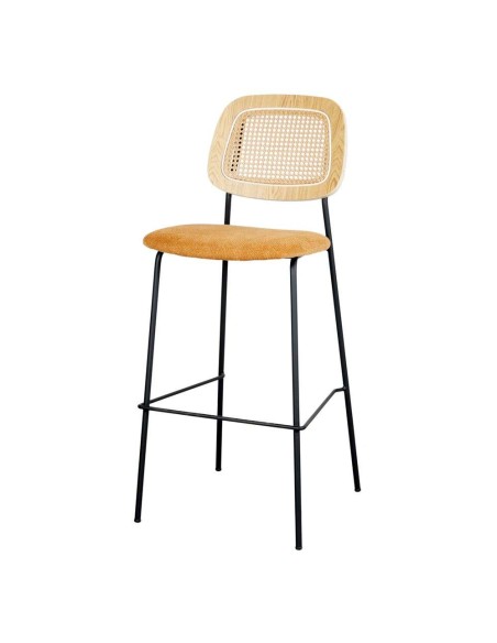 Taburete Alto CARDINAL 75 cm, Metal / Ratán / Textil Curry. Vackart