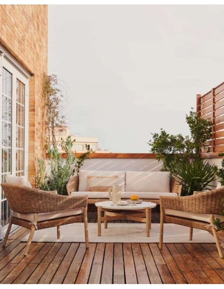 Set Pola de sofá de 2 plazas y 2 butacas eucalipto/ratán sintético FSC