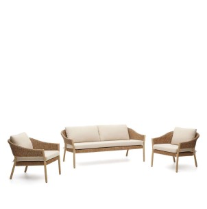 Set Pola de sofá de 2 plazas y 2 butacas de madera maciza eucalipto y ratán sintético FSC - Kave Home - J1600008JJ12. Muebles y decoración de diseño 