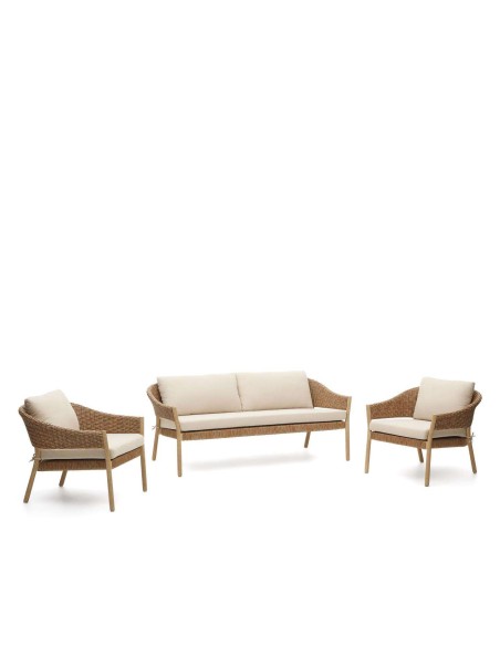 Set Pola de sofá de 2 plazas y 2 butacas eucalipto/ratán sintético FSC