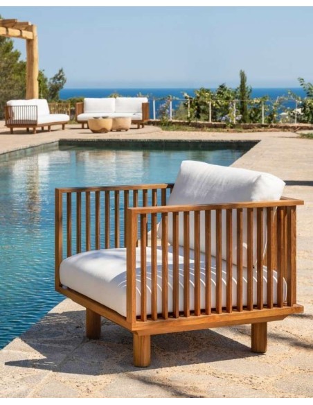 Sofá Exterior TOPRAK 1P, Teca Reciclada / Textil Blanco - Dareels. Vackart