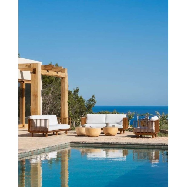 Sofá Exterior TOPRAK 3P, Teca Reciclada / Textil Blanco - Dareels. Vackart