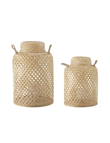 Set 2 Faroles MADLIN, Bambú Natural / Cristal - Bloomingville. Vackart