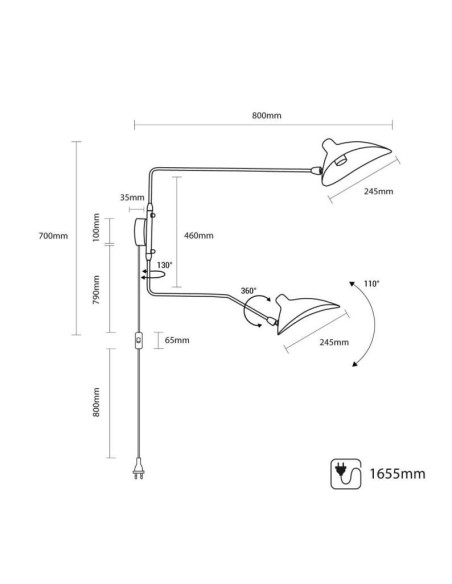 Lámpara Molle 2 Brazos Negro Inspiración, Aplique de Pared