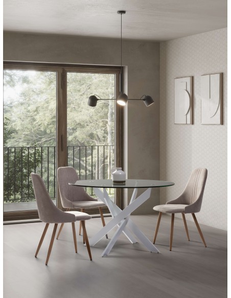 Mesa VIKLET Ø120 cm de Comedor, Metal Blanco / Cristal. Vackart