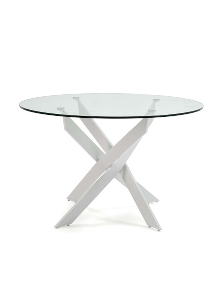 Mesa VIKLET Ø120 cm de Comedor, Metal Blanco / Cristal. Vackart