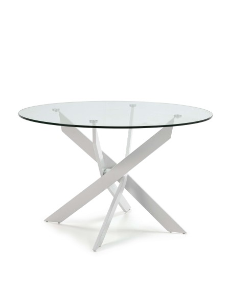 Mesa VIKLET Ø120 cm de Comedor, Metal Blanco / Cristal. Vackart