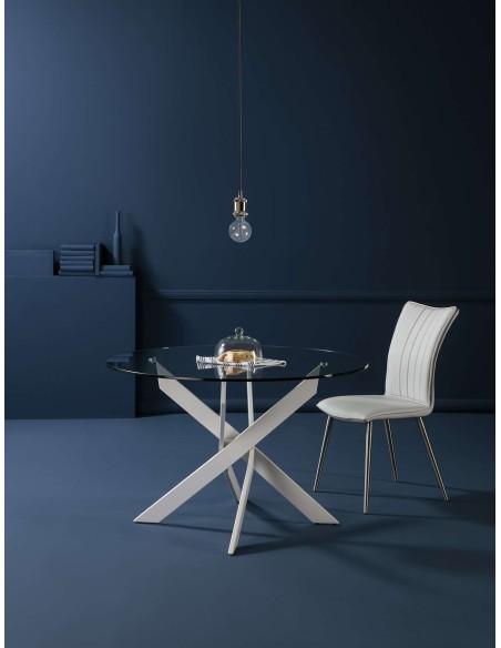 Mesa VIKLET Ø120 cm de Comedor, Metal Blanco / Cristal. Vackart