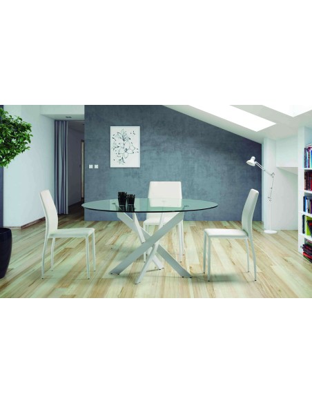 Mesa VIKLET Ø120 cm de Comedor, Metal Blanco / Cristal. Vackart