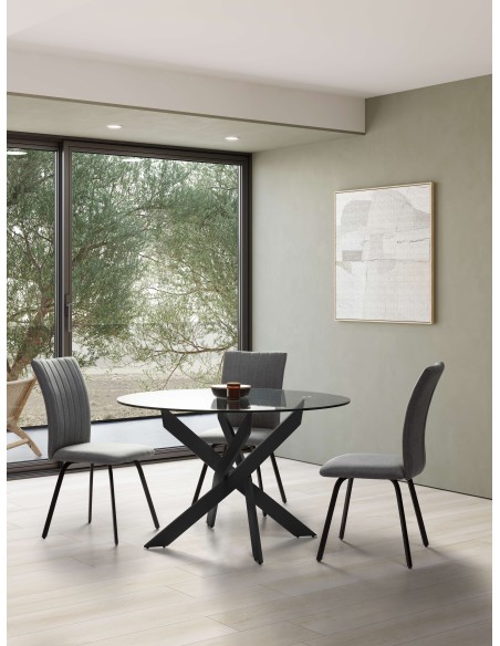 Mesa VIKLET Ø120 cm de Comedor, Metal Negro / Cristal. Vackart