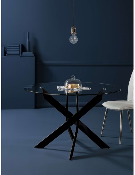 Mesa VIKLET Ø120 cm de Comedor, Metal Negro / Cristal. Vackart