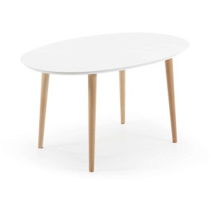 Mesa extensible OQUI ovalada 140(220)x90 cm, blanco y natural - Kave Home, Vackart. EC307L33. Exclusivas mesas de diseño nórdico en Vackart, tu tienda de diseño más actual.