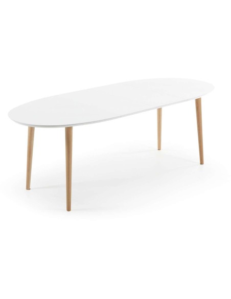 Mesa extensible OQUI ovalada 140(220)x90 cm, blanco y natural - Kave Home. Vackart