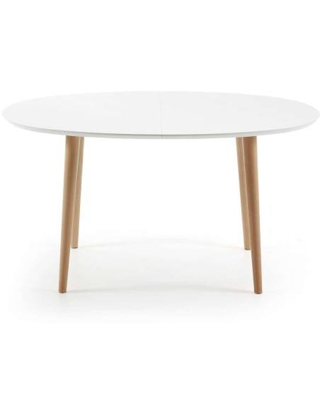 Mesa extensible OQUI ovalada 140(220)x90 cm, blanco y natural - Kave Home. Vackart