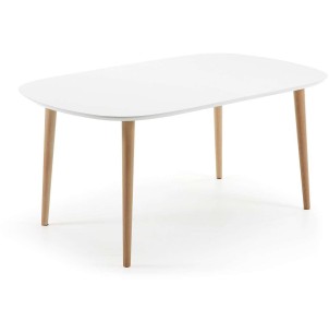 Mesa extensible OQUI ovalada 160(260)x100 cm, blanco y natural - Vackart. EC309L33. Exclusivas mesas de diseño nórdico en Vackart, tu tienda de diseño más actual.