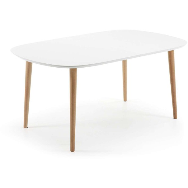 Mesa extensible OQUI ovalada 160(260)x100 cm, blanco y natural - Kave Home. Vackart