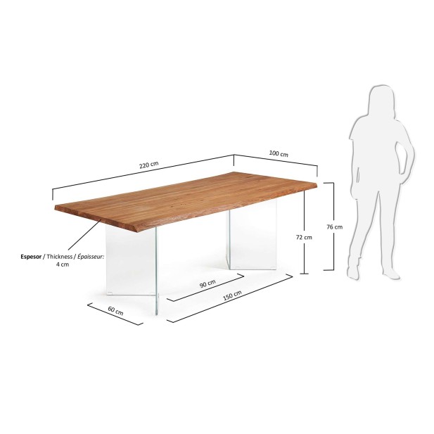 Mesa Lotty, roble natural, cristal 220 x 100 cm - Kave Home; C947M40 Mesa Lotty, roble natural, cristal 220 x 100 cm - Kave Home; C947M40