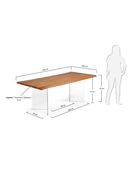 Mesa Lotty, roble natural, cristal 220 x 100 cm - Kave Home; C947M40