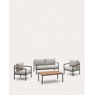 Set Aiguafreda de sofá 2 plazas, 2 sillones y mesa aluminio gris y madera acacia FSC 100% - Kave Home; J1600010JJ03 - Vackart, productos de diseño