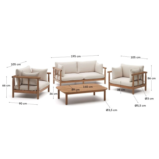 Set Sacova 2 sillones, sofá 2P y mesa madera FSC Kave Home J2100007JJ12