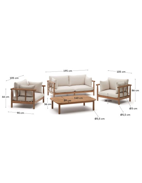 Set Sacova 2 sillones, sofá 2P y mesa madera FSC Kave Home J2100007JJ12