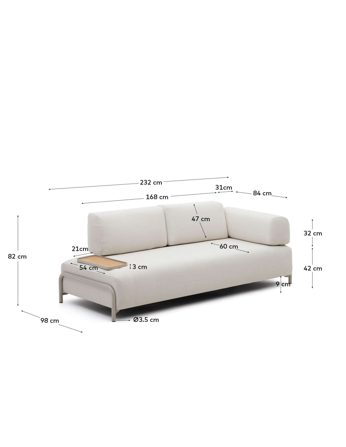 Sofá Compo 3P chenilla beige, bandeja pequeña 232cm Kave Home S83632DR39