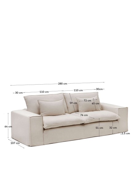 Sofá Anarela 3P, cojines lino beige 280 cm - Kave Home; S83730JP12