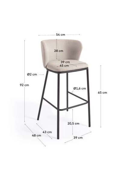 Taburete Ciselia 65 cm chenilla beige/acero negro - Kave Home