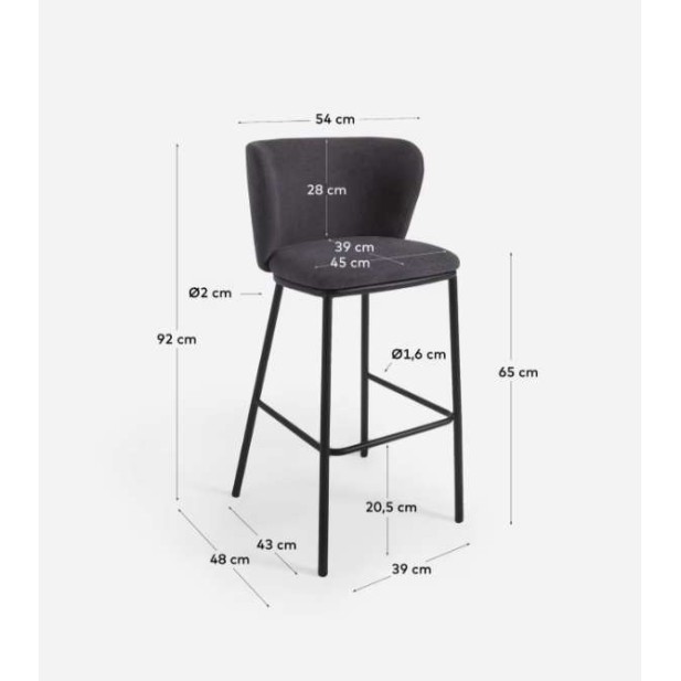 Taburete Ciselia 65 cm chenilla gris oscuro/acero negro - Kave Home