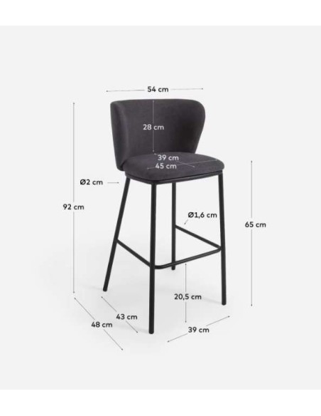 Taburete Ciselia 65 cm chenilla gris oscuro/acero negro - Kave Home