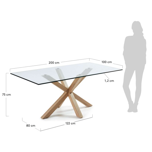 Mesa Argo, cristal, acero efecto madera  200x100 cm Kave Home. C429C07