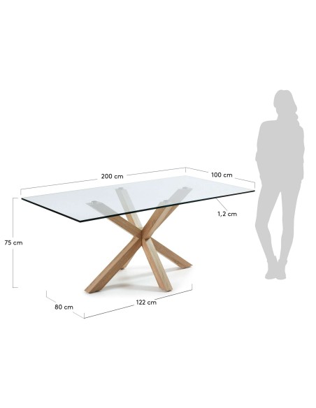 Mesa Argo, cristal, acero efecto madera  200x100 cm Kave Home. C429C07