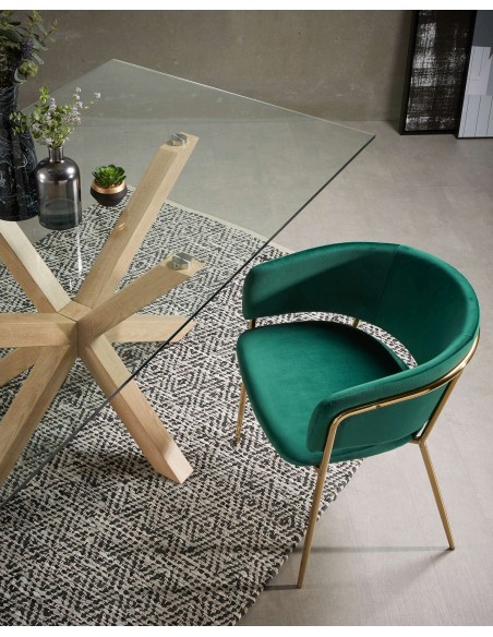 Mesa Argo, cristal, acero efecto madera  200x100 cm Kave Home. C429C07