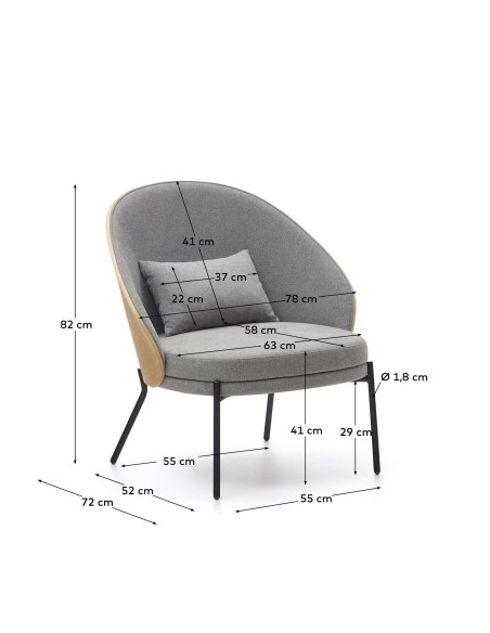 Sillón Eamy gris claro, fresno natural, metal - Kave Home S0900001HE12