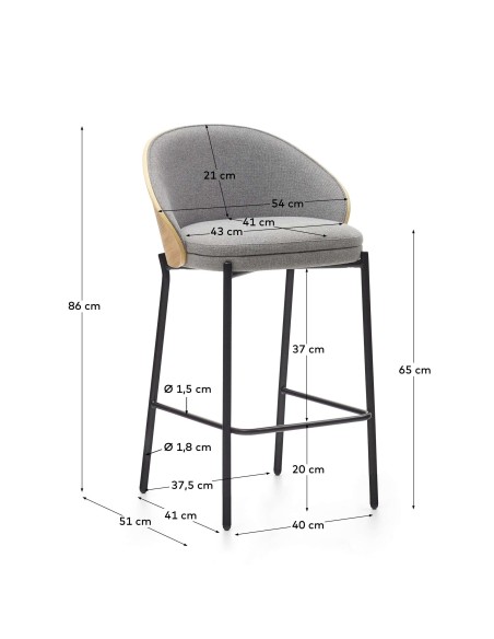 Taburete Eamy gris claro, fresno natural 65cm - Kave Home C0600053HE12