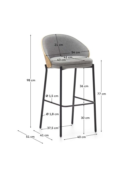 Taburete Eamy gris claro, fresno natural 77cm - Kave Home C0600001HE12