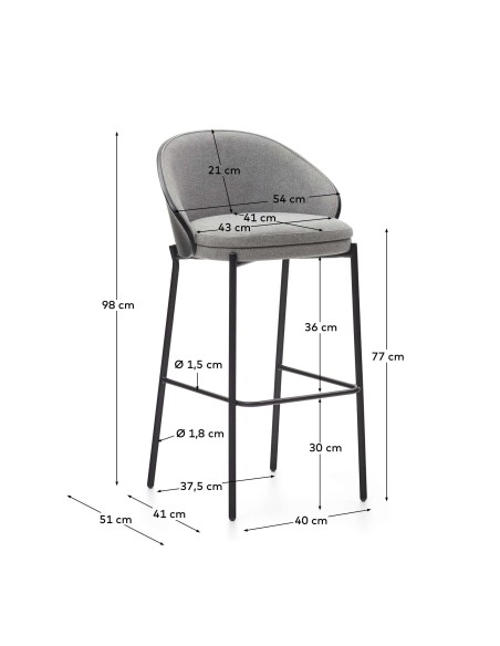 Taburete Eamy gris claro, fresno negro, 77cm - Kave Home. C0600002HE12
