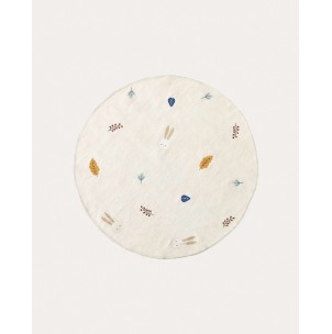 Alfombra redonda Yanil de lana y algodón blanco con bordado de hojas multicolor Ø 120 cm - Kave Home. X0100057JJ05, Vackart. Alfombra de estilo Rústico
