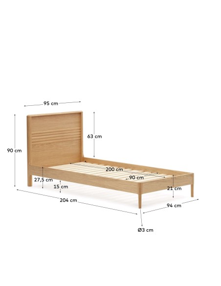 Cama Lenon de madera y chapa de roble para colchón de 90 x 200 cm FSC MIX Credit - Kave Home