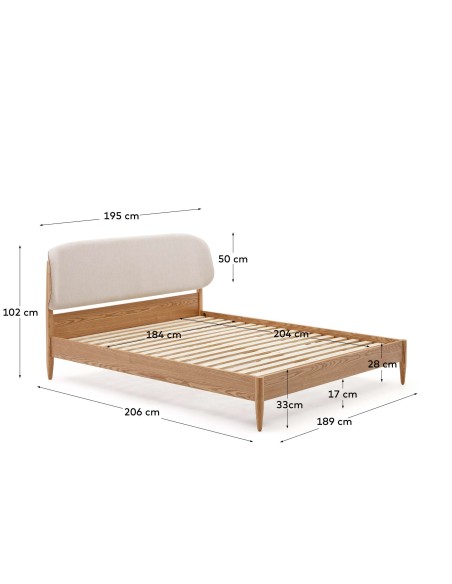 Cama Octavia de madera contrachapada de fresno y cabecero tapizado blanco 180 x 200 cm - Kave Home