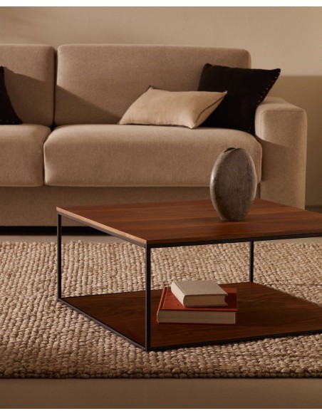 Mesa de centro Yoana de chapa de nogal y estructura de metal pintado negro 80 x 80 cm - Kave Home