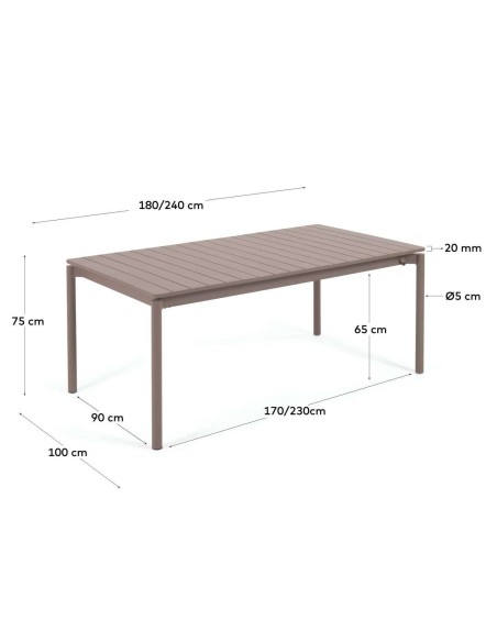 Mesa extensible de exterior Zaltana de aluminio con acabado marrón mate 180 (240) x 100 cm - Kave Home
