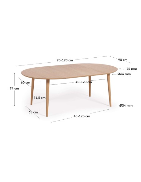 Mesa extensible redonda Oqui MDF en chapa de roble y patas de madera maciza 90 (170) x 90 cm  - Kave Home