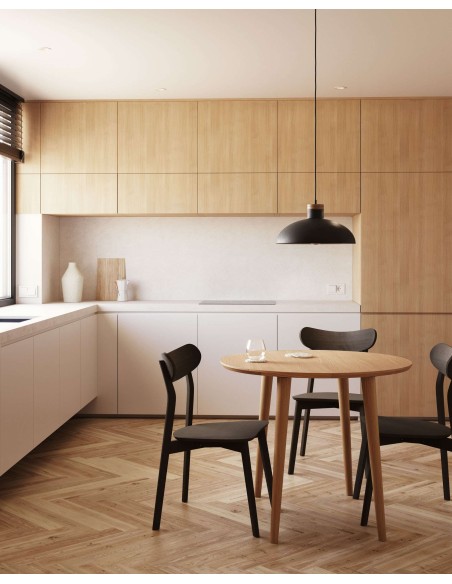 Mesa extensible redonda Oqui MDF en chapa de roble y patas de madera maciza 90 (170) x 90 cm  - Kave Home